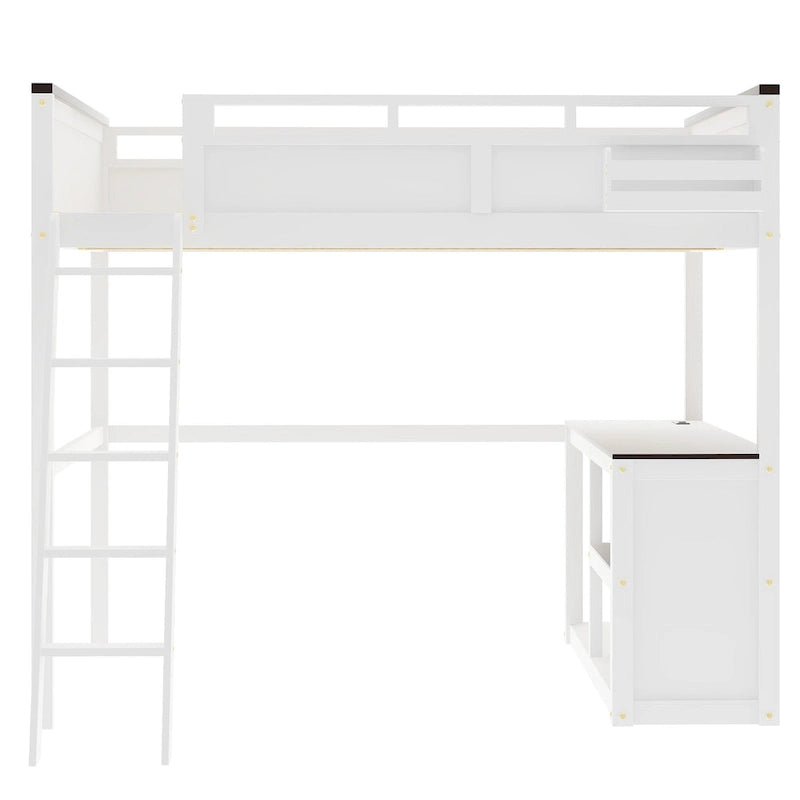 Houten hoogslaper, queen-size, met ingebouwd bureau en open planken, massiefhouten bedframe met oplaadstation en opbergbox