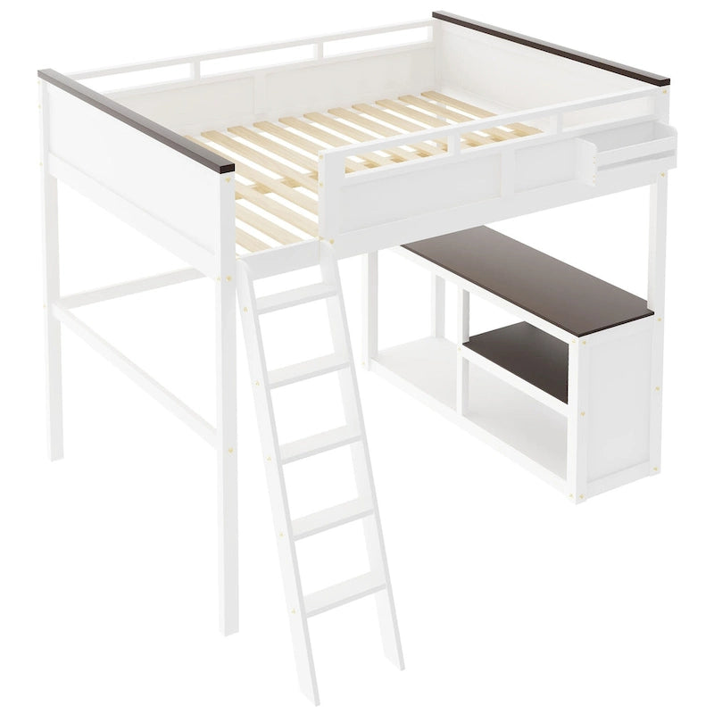 Houten hoogslaper, queen-size, met ingebouwd bureau en open planken, massiefhouten bedframe met oplaadstation en opbergbox