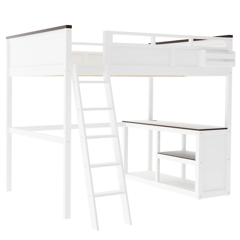 Houten hoogslaper, queen-size, met ingebouwd bureau en open planken, massiefhouten bedframe met oplaadstation en opbergbox
