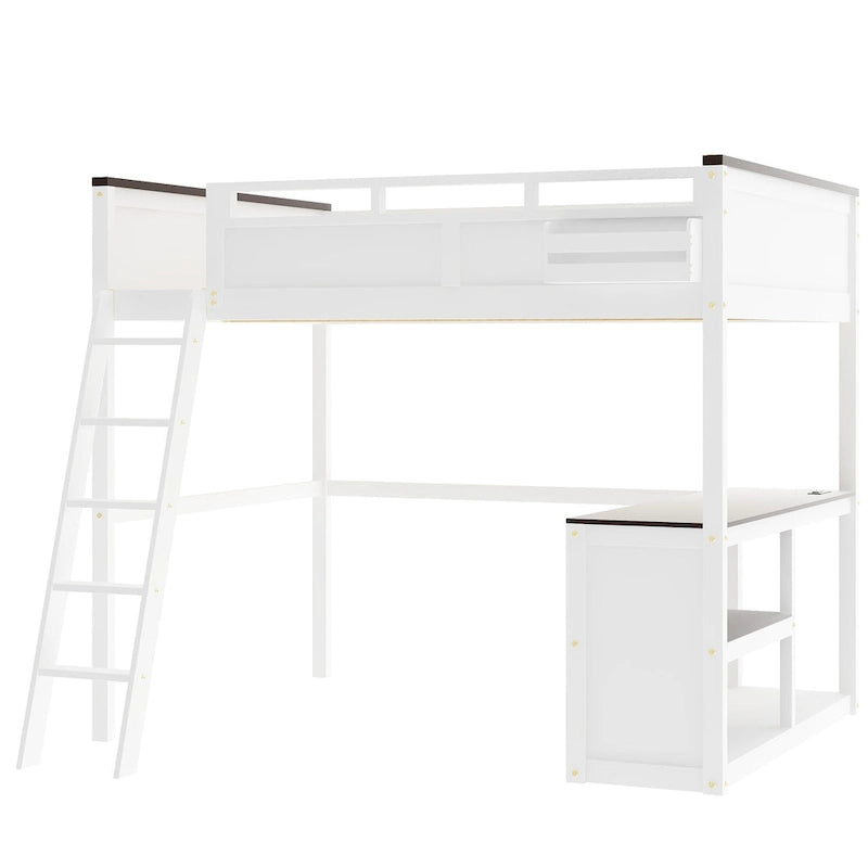 Houten hoogslaper, queen-size, met ingebouwd bureau en open planken, massiefhouten bedframe met oplaadstation en opbergbox