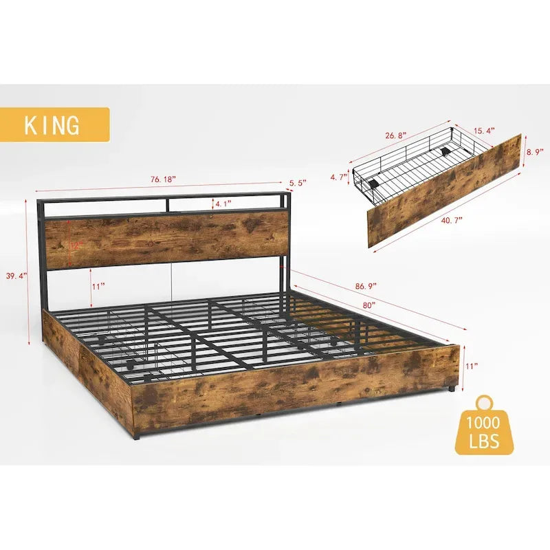 King Smart Storage Bed with LED Lights And Charging Station , 4 Drawers, 60,000+ RGB Colors