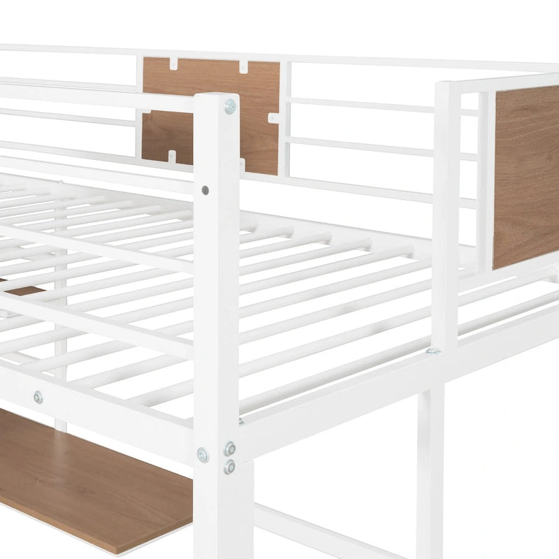 Cama alta metálica de tamanho Twin com secretária e prateleiras para crianças