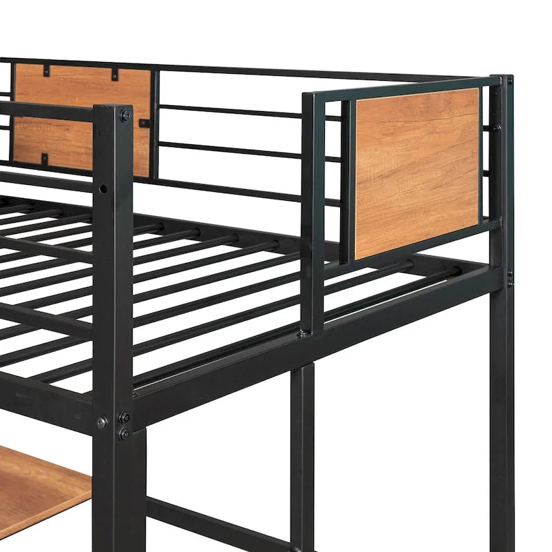 Cama alta metálica de tamanho Twin com secretária e prateleiras para crianças