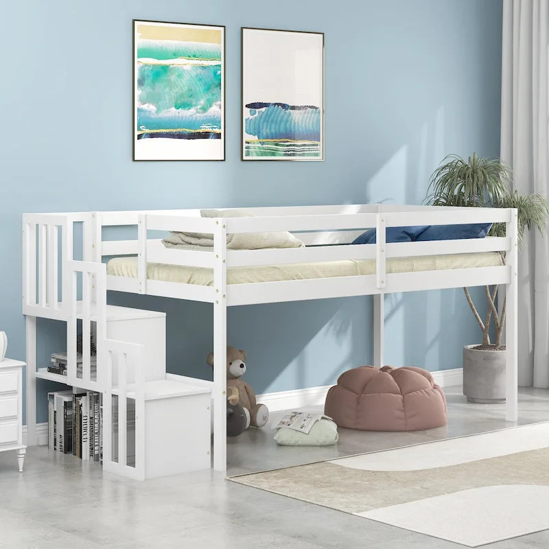 Twin Size Pine Wood Loft bed with staircase and Fence for Kids, Boys and Girls