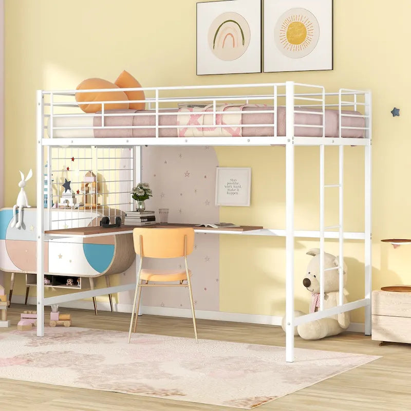 Metal Loft Bed with Desk, Ladder and Metal Grid for Kids, Teens, Girls, Boys