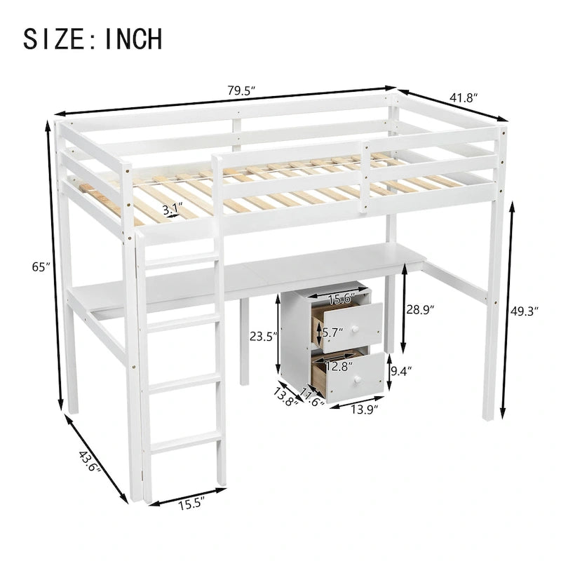Twin Size Wood Loft Bed with Under-bed Storage and Desk