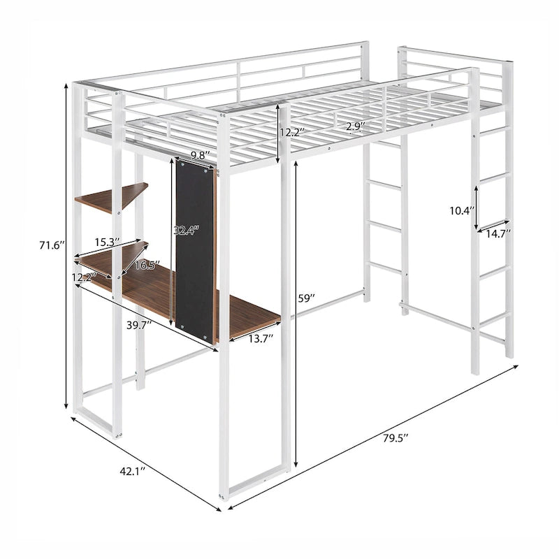 White Twin Size Metal Loft Bed with Ladder, Fence, Shelves, and Desk
