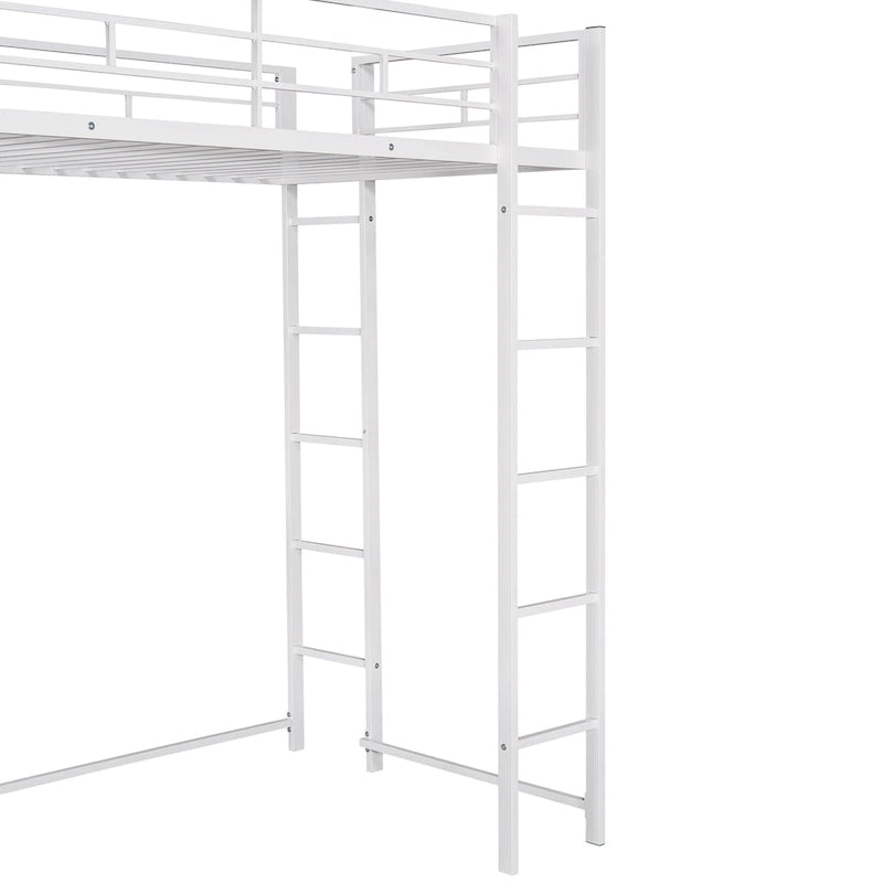 Weißes Metall-Hochbett in Twin-Größe mit Leiter, Absturzsicherung, Regalen und Schreibtisch