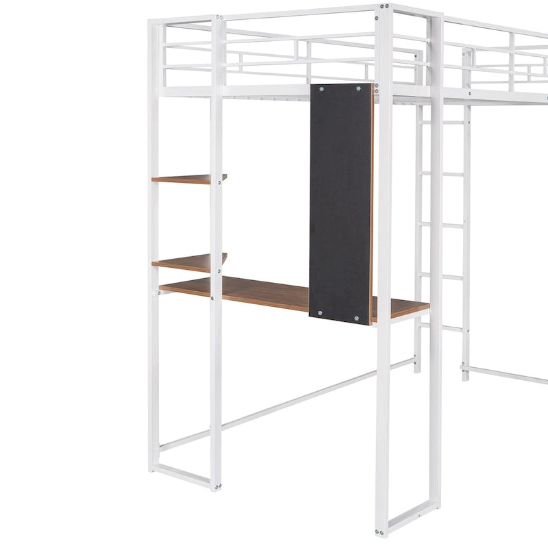 Weißes Metall-Hochbett in Twin-Größe mit Leiter, Absturzsicherung, Regalen und Schreibtisch
