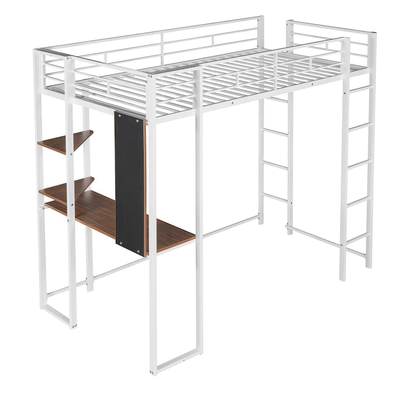 Weißes Metall-Hochbett in Twin-Größe mit Leiter, Absturzsicherung, Regalen und Schreibtisch