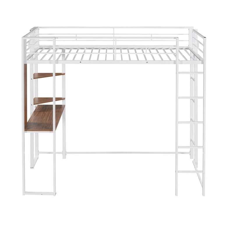 Weißes Metall-Hochbett in Twin-Größe mit Leiter, Absturzsicherung, Regalen und Schreibtisch