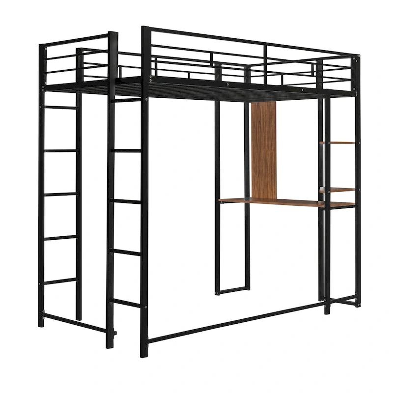 Black Twin Size Metal Loft Bed with Ladder, Fence, Shelves, and Desk