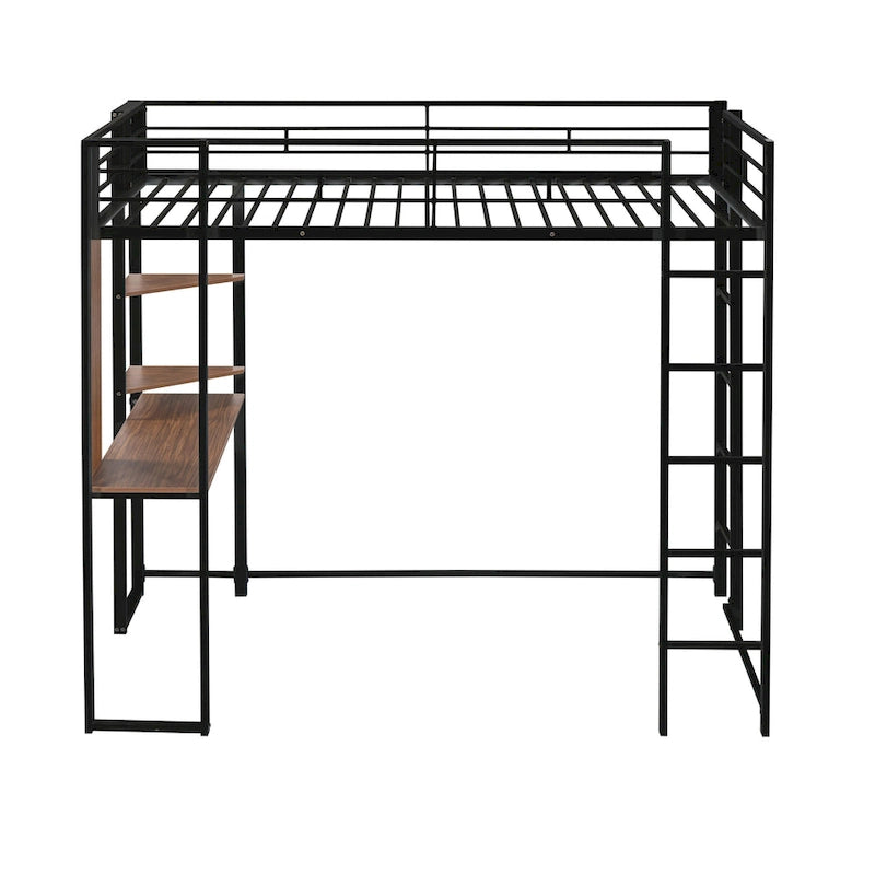 Black Twin Size Metal Loft Bed with Ladder, Fence, Shelves, and Desk