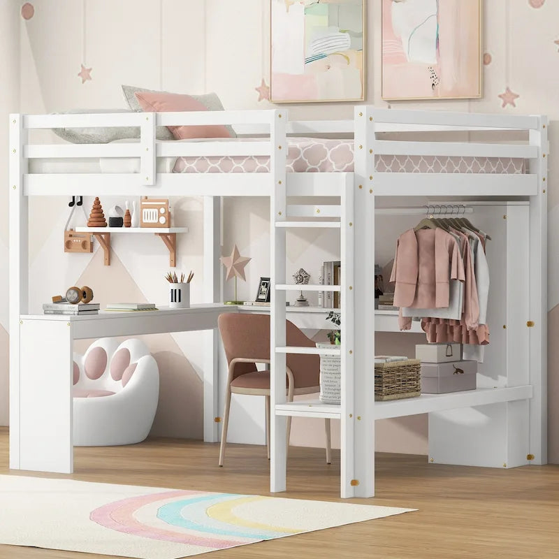White Full Size Solid Wiood Loft Bed with L-shaped Desk, Wardrobe and Storage Shelves