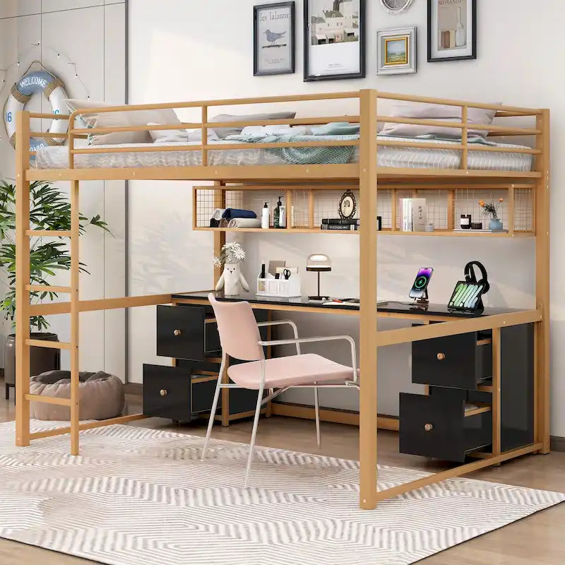 Gold+Black Full Size Metal Loft Bed with Desk, Drawers, Charging Station, and USB
