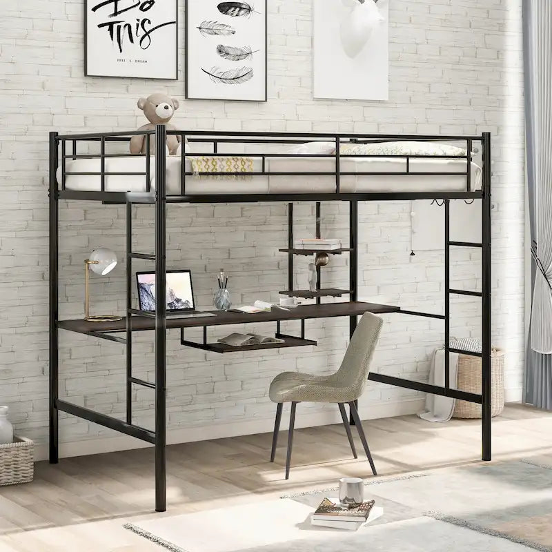 Black Full Size Metal Loft Bed with Desk and Shelf , Space Saving Design for Kids, Bedroom