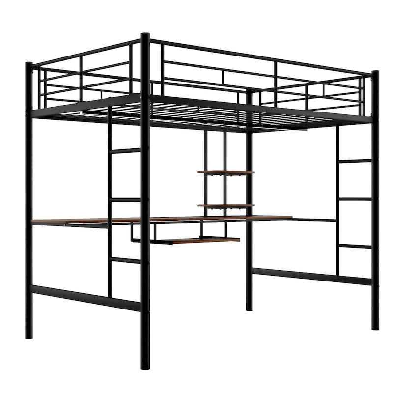Black Full Size Metal Loft Bed with Desk and Shelf , Space Saving Design for Kids, Bedroom