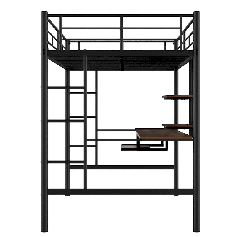 Black Full Size Metal Loft Bed with Desk and Shelf , Space Saving Design for Kids, Bedroom