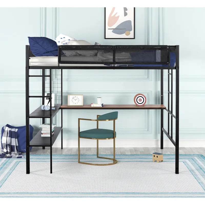 Black Full Size Metal Stell Loft Bed with Desk, Shelves, Noise-free Wood Slats and Comfortable Textilene Guardrail