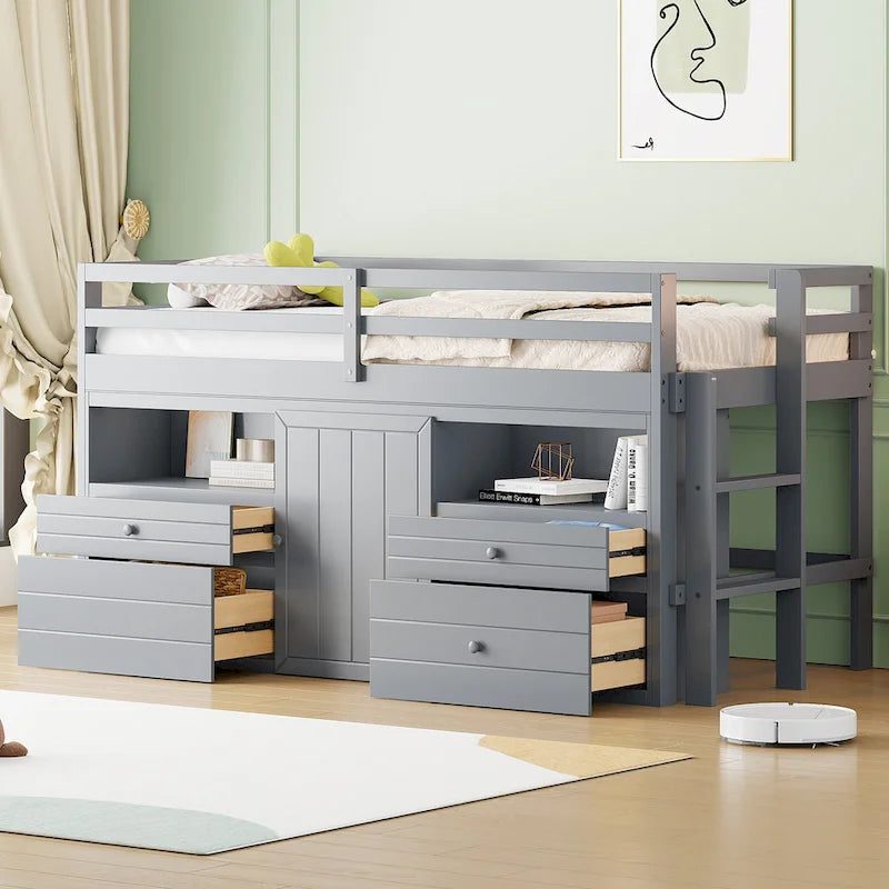 Gray Twin Size Solid Wood Loft Bed with 4 Drawers, Underneath Cabinet and Shelves