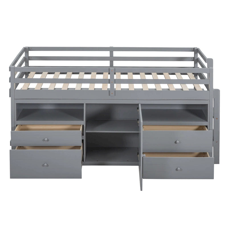 Gray Twin Size Solid Wood Loft Bed with 4 Drawers, Underneath Cabinet and Shelves