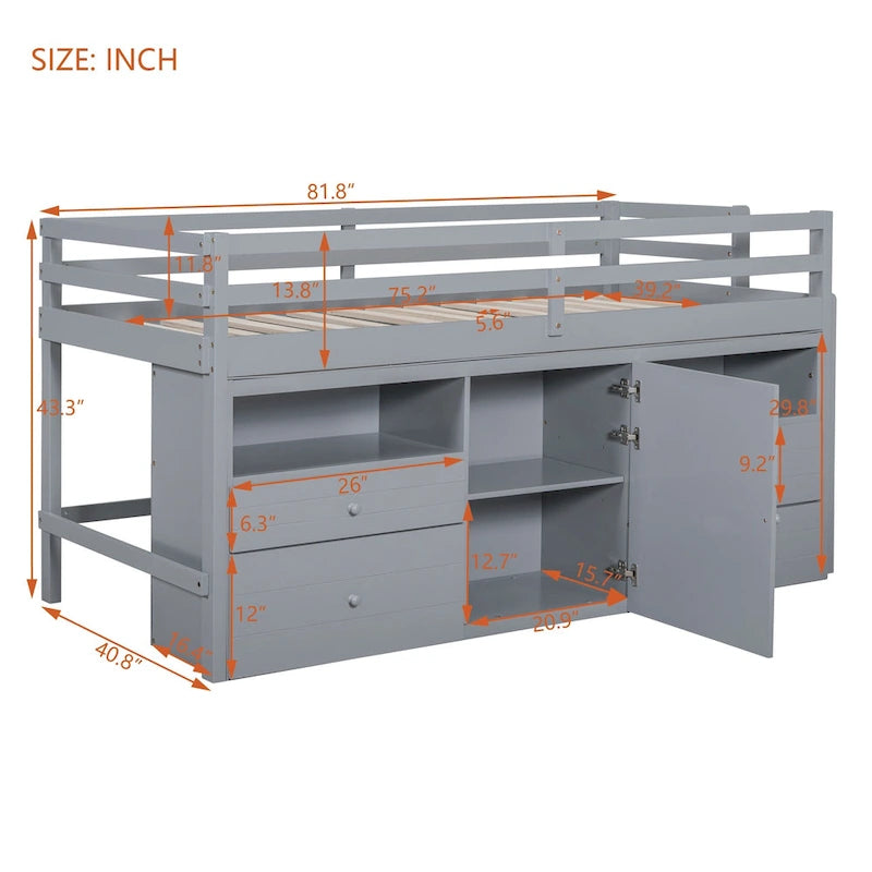 Gray Twin Size Solid Wood Loft Bed with 4 Drawers, Underneath Cabinet and Shelves
