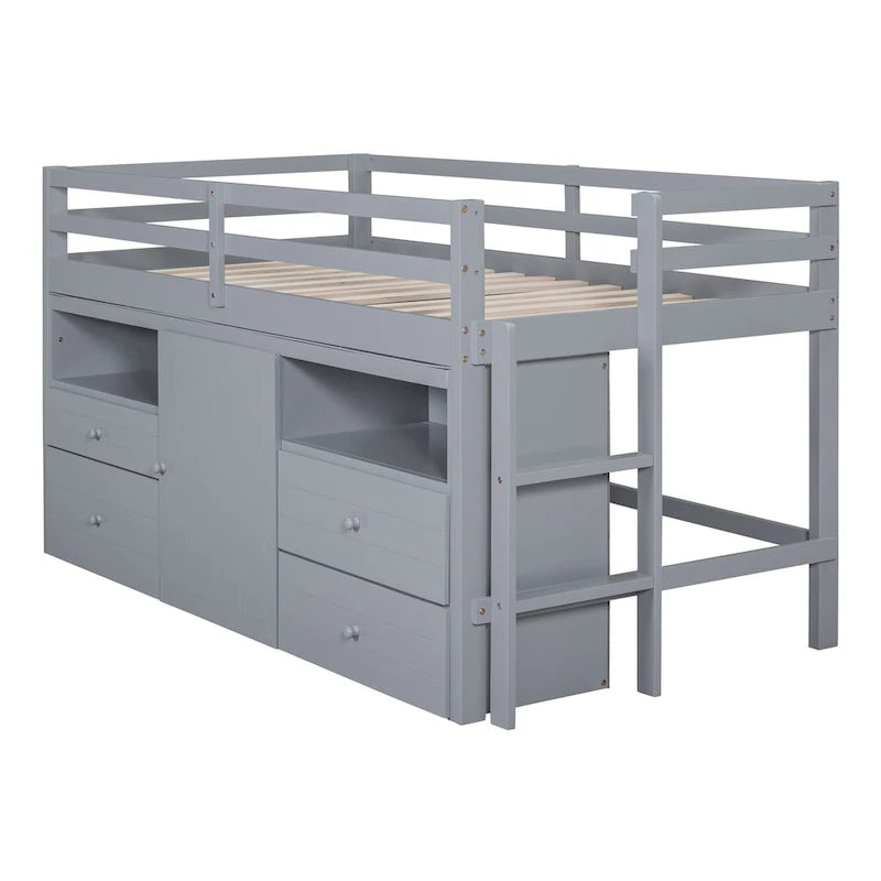Gray Twin Size Solid Wood Loft Bed with 4 Drawers, Underneath Cabinet and Shelves