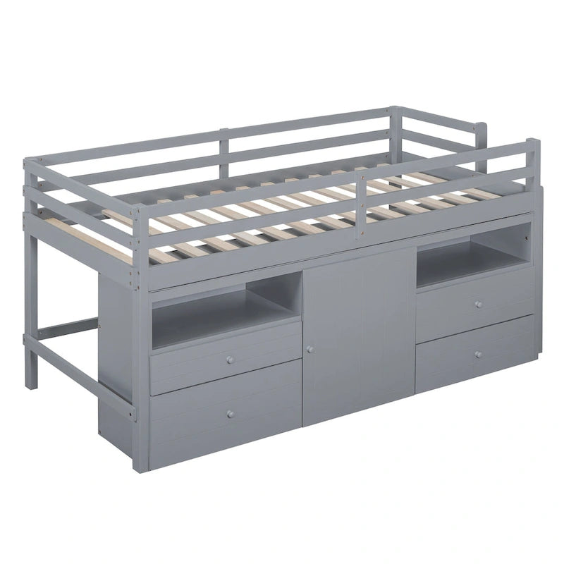 Gray Twin Size Solid Wood Loft Bed with 4 Drawers, Underneath Cabinet and Shelves