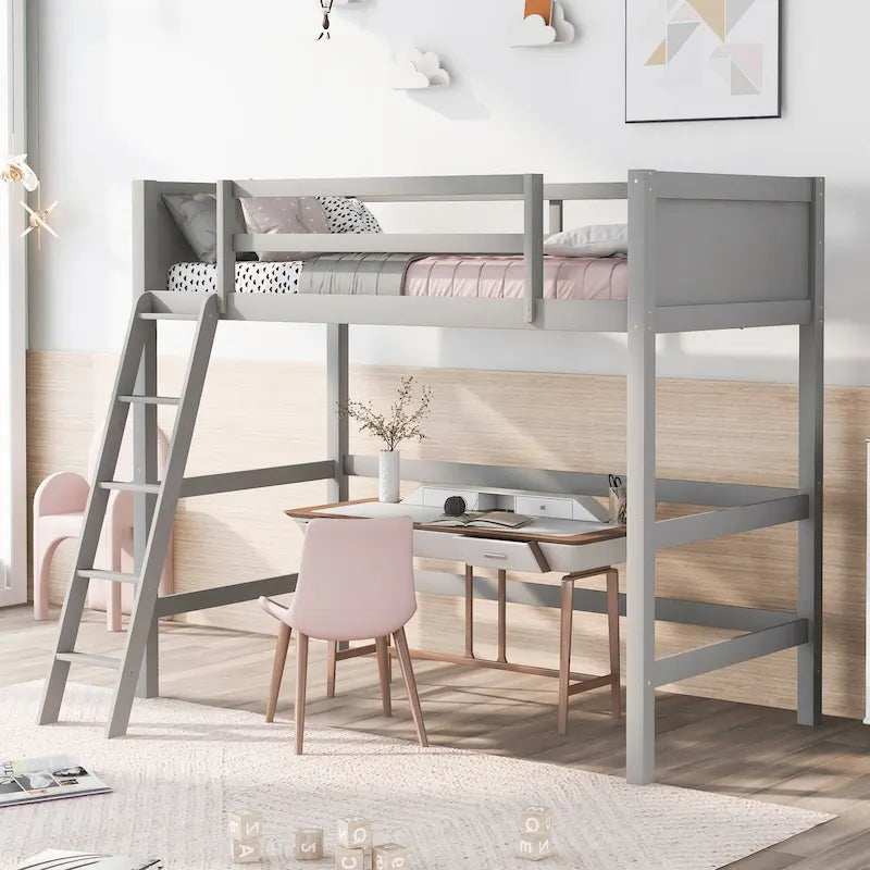 Letto a soppalco singolo grigio in legno massello con scala e barriera