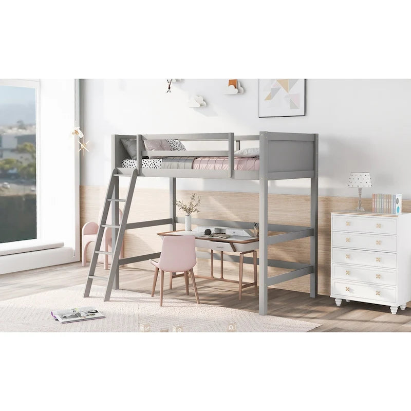 Letto a soppalco singolo grigio in legno massello con scala e barriera