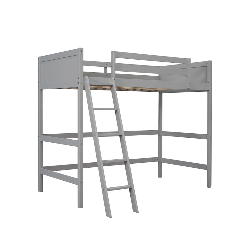 Letto a soppalco singolo grigio in legno massello con scala e barriera