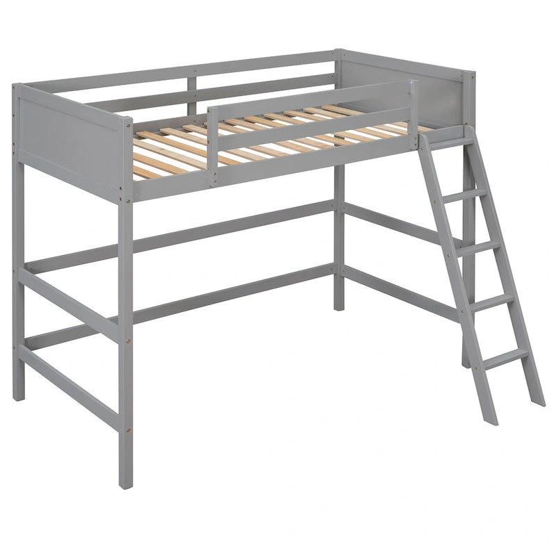 Letto a soppalco singolo grigio in legno massello con scala e barriera