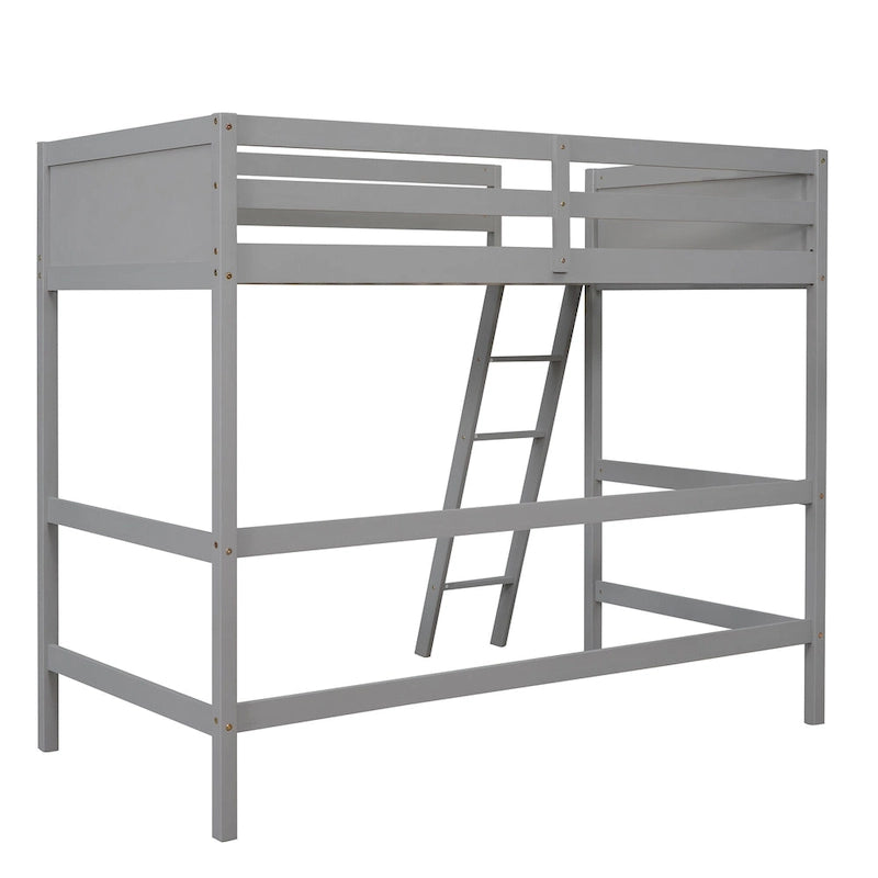 Letto a soppalco singolo grigio in legno massello con scala e barriera