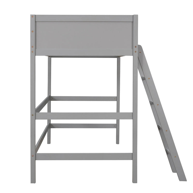 Letto a soppalco singolo grigio in legno massello con scala e barriera
