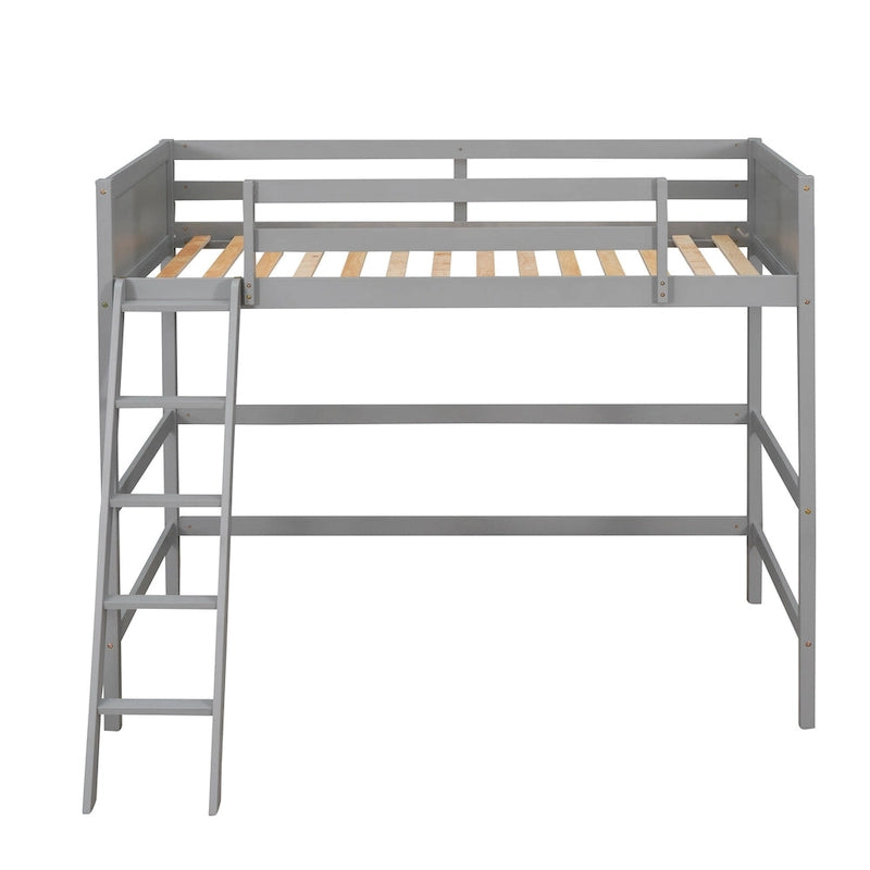 Letto a soppalco singolo grigio in legno massello con scala e barriera