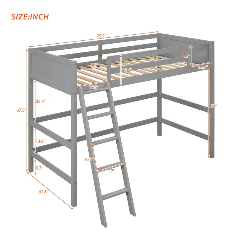 Letto a soppalco singolo grigio in legno massello con scala e barriera