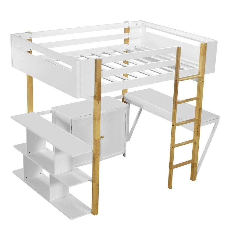 Weißes Hochbett aus Massivholz in Full Size mit integriertem Stauraum und klappbarem Schreibtisch