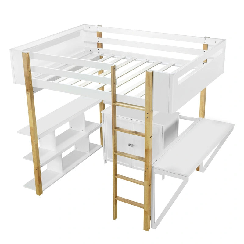 Weißes Hochbett aus Massivholz in Full Size mit integriertem Stauraum und klappbarem Schreibtisch