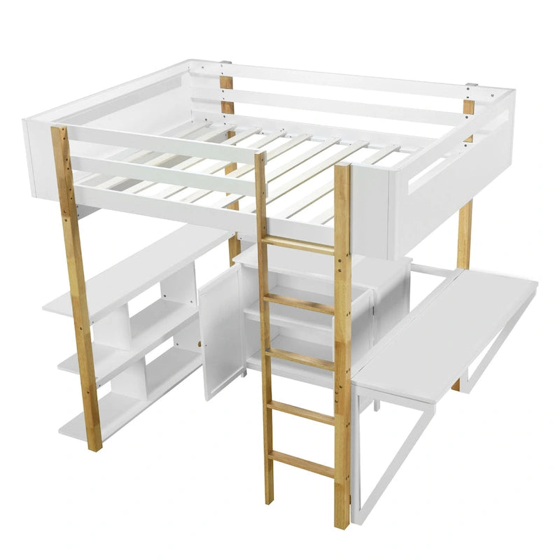 Weißes Hochbett aus Massivholz in Full Size mit integriertem Stauraum und klappbarem Schreibtisch
