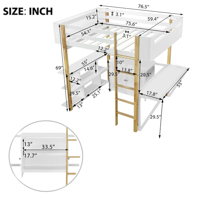 Weißes Hochbett aus Massivholz in Full Size mit integriertem Stauraum und klappbarem Schreibtisch