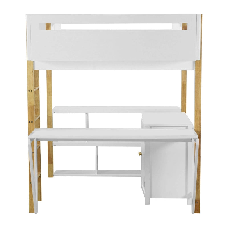 Weißes Hochbett aus Massivholz in Full Size mit integriertem Stauraum und klappbarem Schreibtisch
