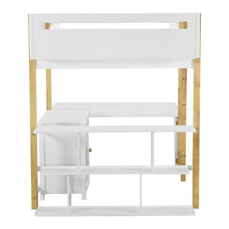 Weißes Hochbett aus Massivholz in Full Size mit integriertem Stauraum und klappbarem Schreibtisch