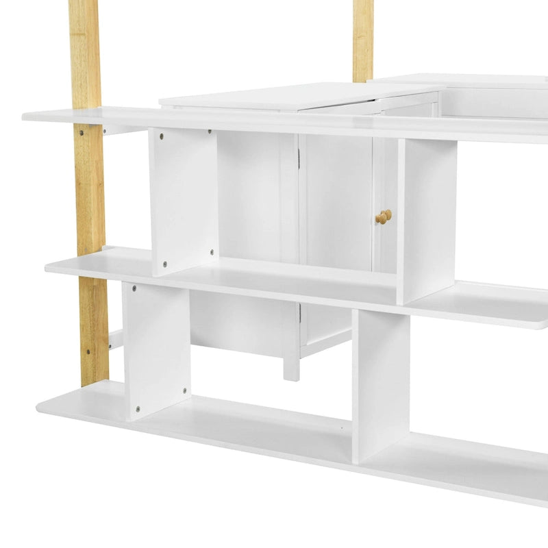 Weißes Hochbett aus Massivholz in Full Size mit integriertem Stauraum und klappbarem Schreibtisch