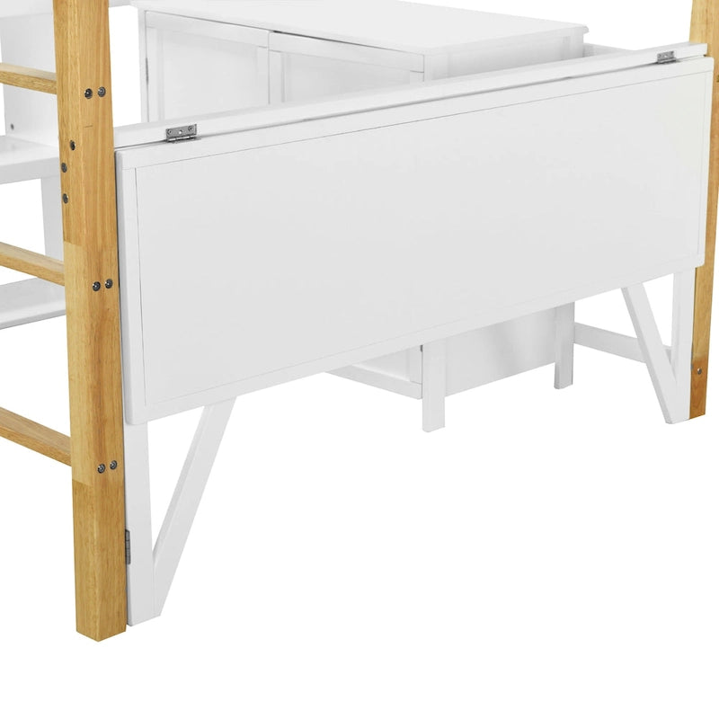 Weißes Hochbett aus Massivholz in Full Size mit integriertem Stauraum und klappbarem Schreibtisch