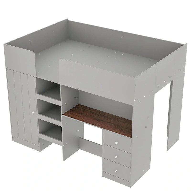 Grey Full Size Solid Wood Loft Bed with Built-in Wardrobe, Desk, Storage Shelves and Drawers