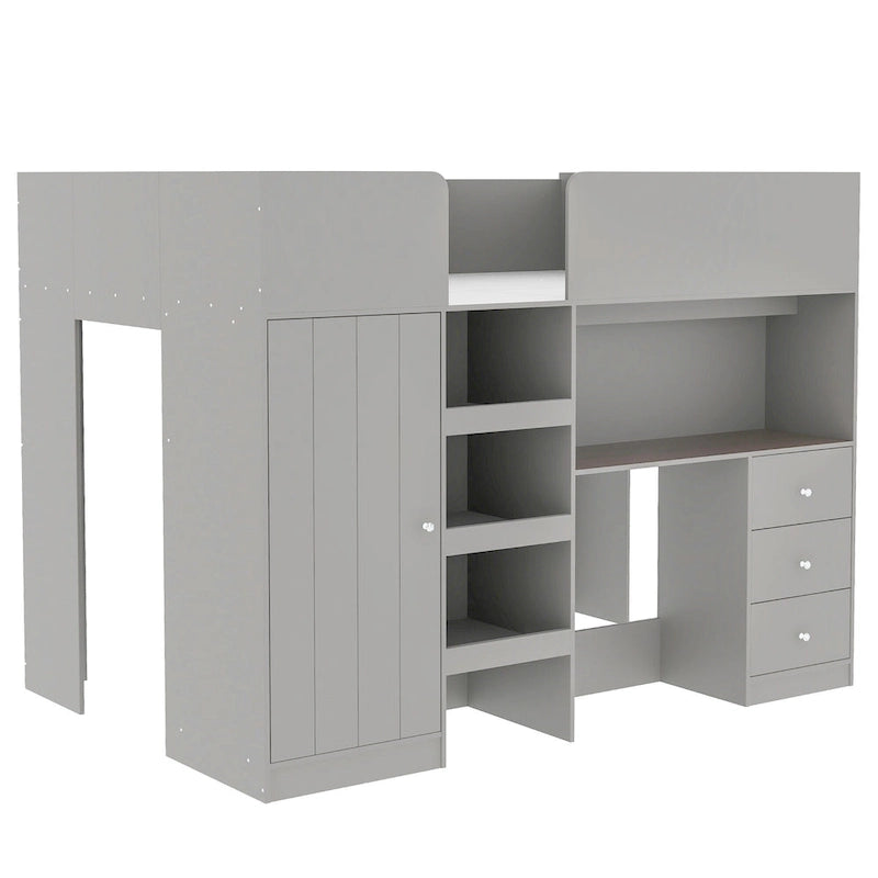 Grey Full Size Solid Wood Loft Bed with Built-in Wardrobe, Desk, Storage Shelves and Drawers