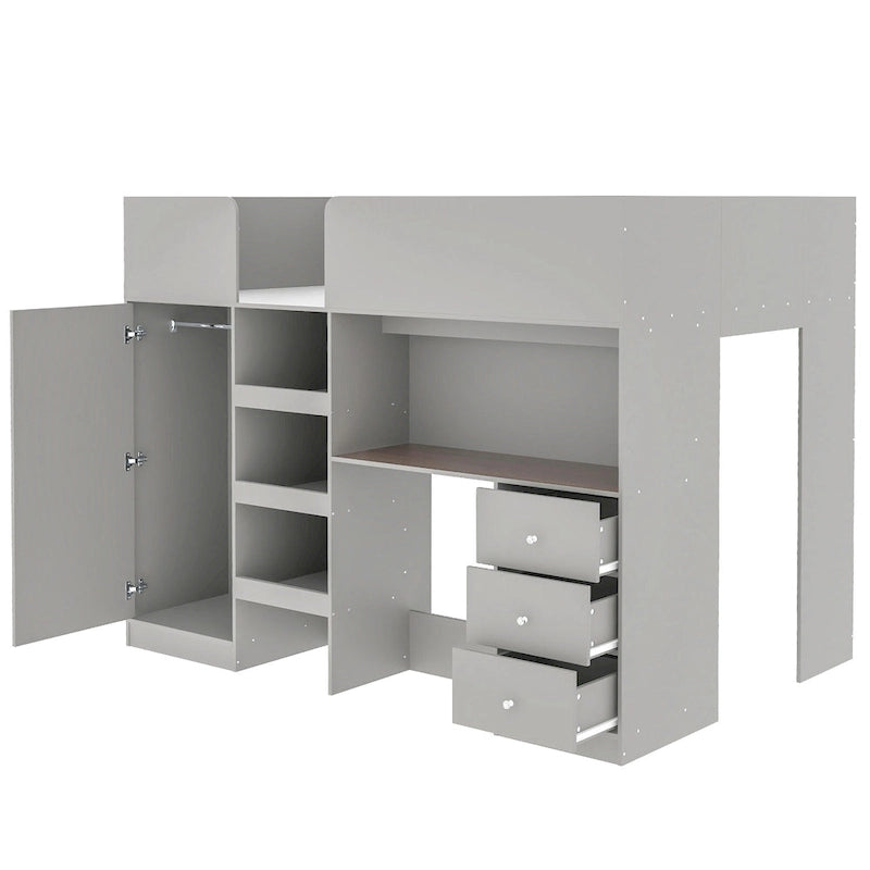 Grey Full Size Solid Wood Loft Bed with Built-in Wardrobe, Desk, Storage Shelves and Drawers