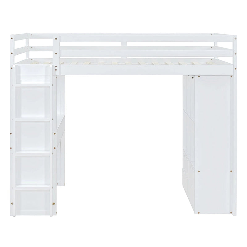 White Full Size Solid Wood Loft Bed with Shelves and LED Light