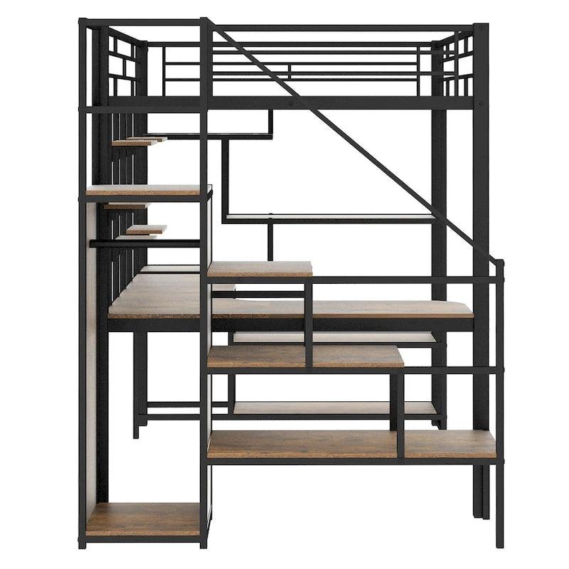 Μαύρο μεταλλικό κρεβάτι σοφίτα πλήρους μεγέθους με σκάλα αποθήκευσης και μικρή ντουλάπα, ενσωματωμένο γραφείο και ράφια αποθήκευσης