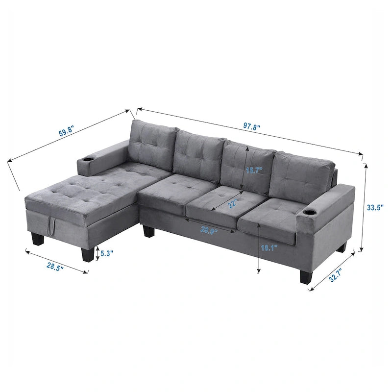Grey 97.8 Modern Sofa with Storage Chaise